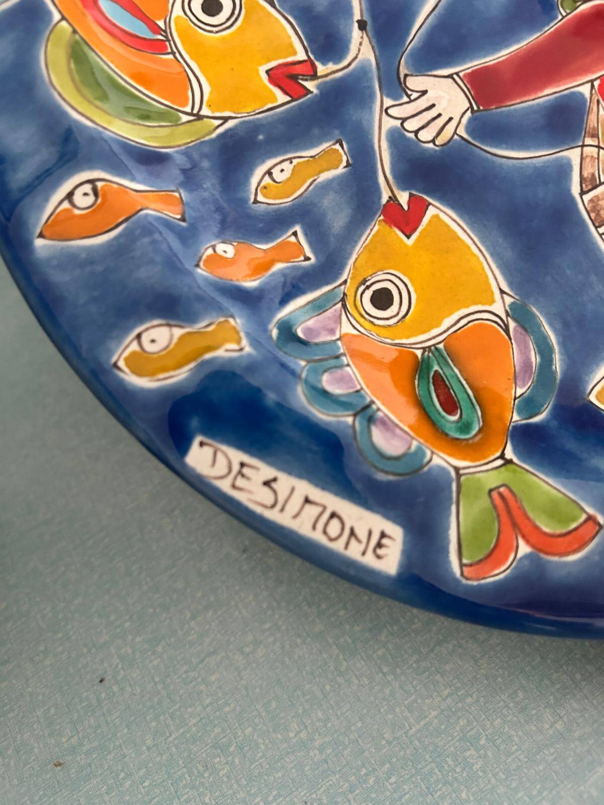 Simone's Plate, fishermen in a boat, hand-painted ceramic 26 cm, Sicily