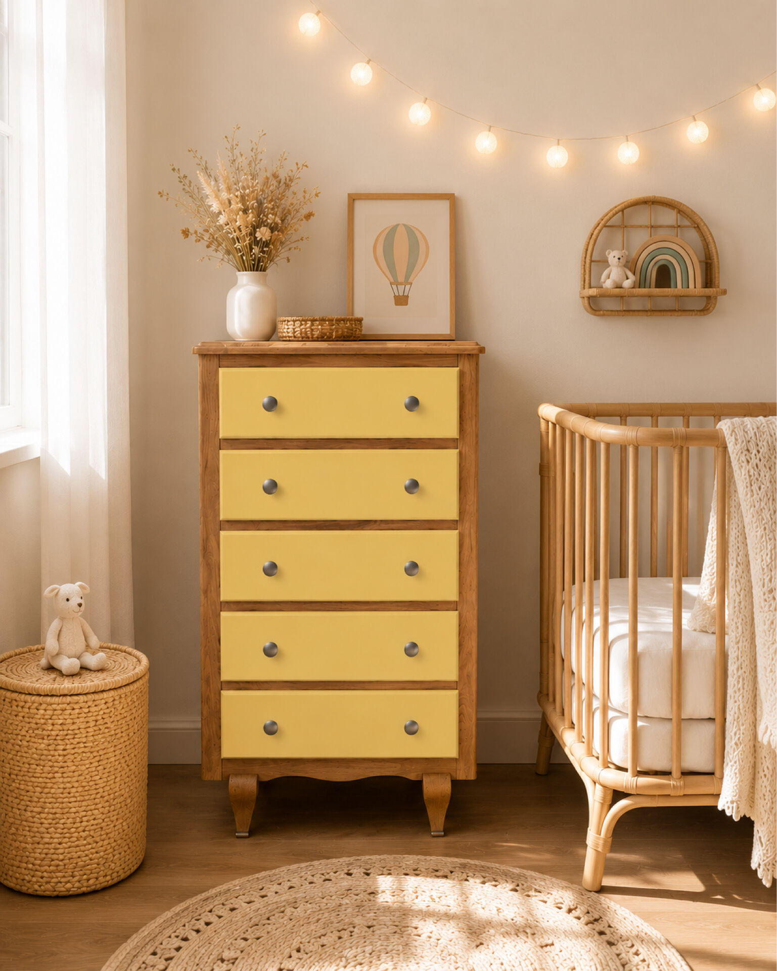 Chiffonnier art déco chêne brut et jaune