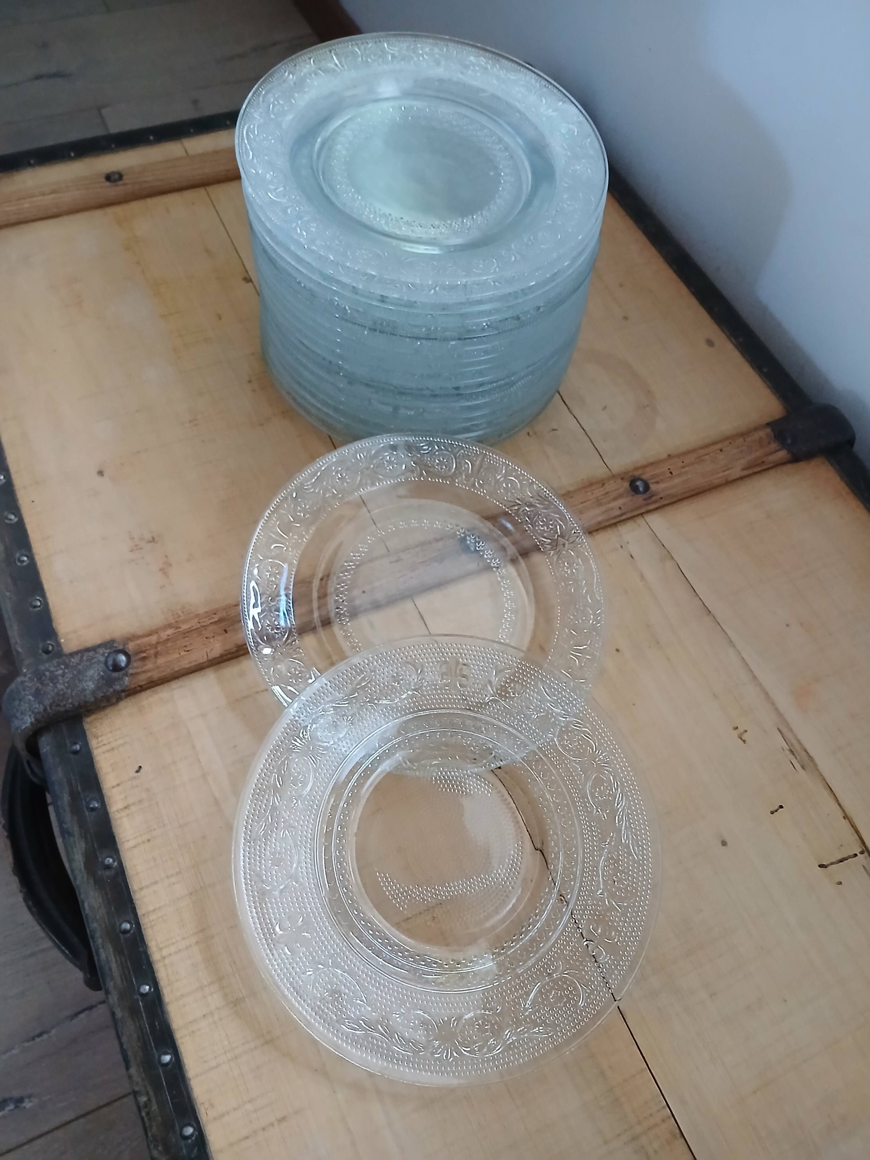 18 vintage pressed glass dessert plates