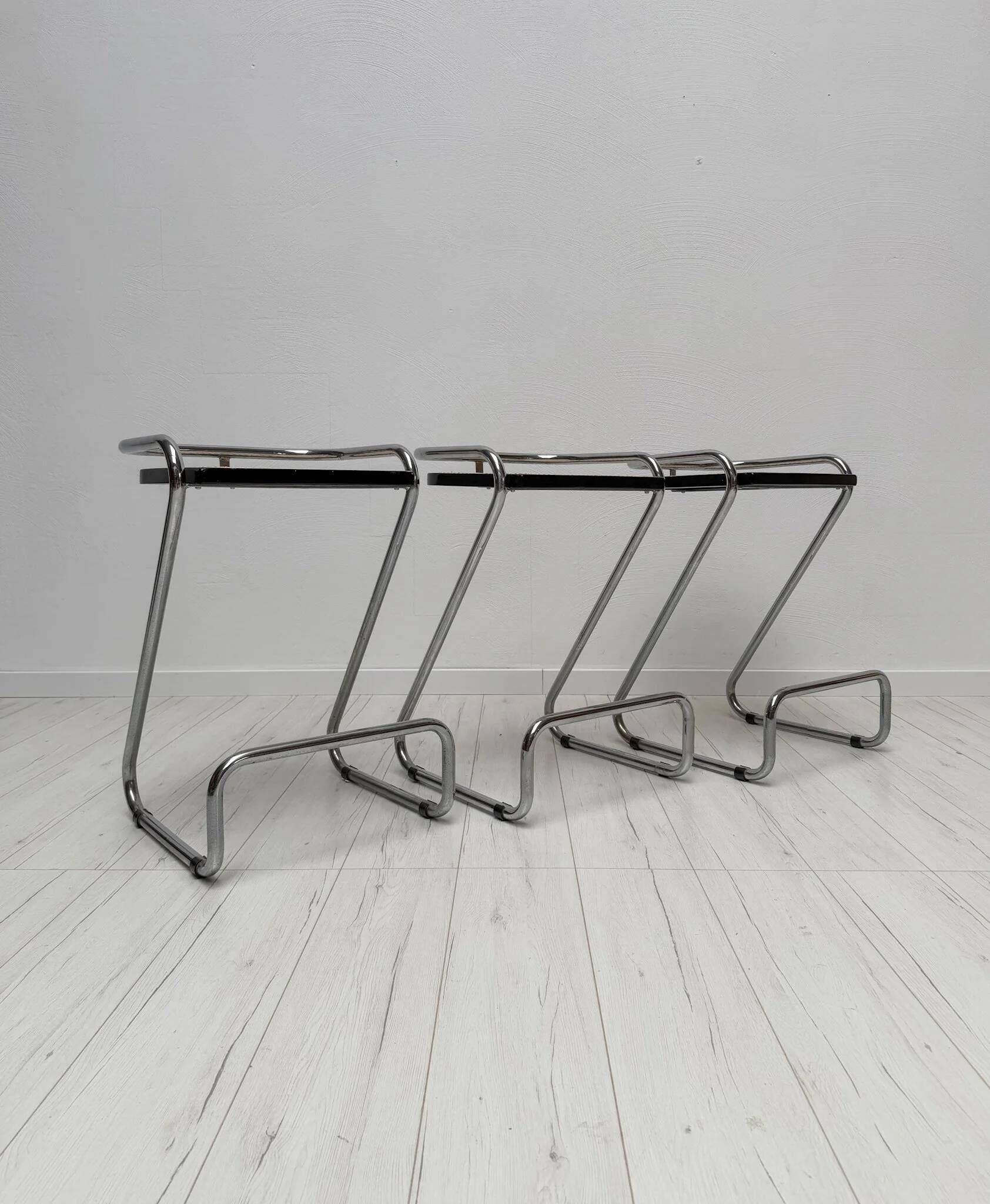 1970s set of 3 vintage Italian wicker & chrome barstools