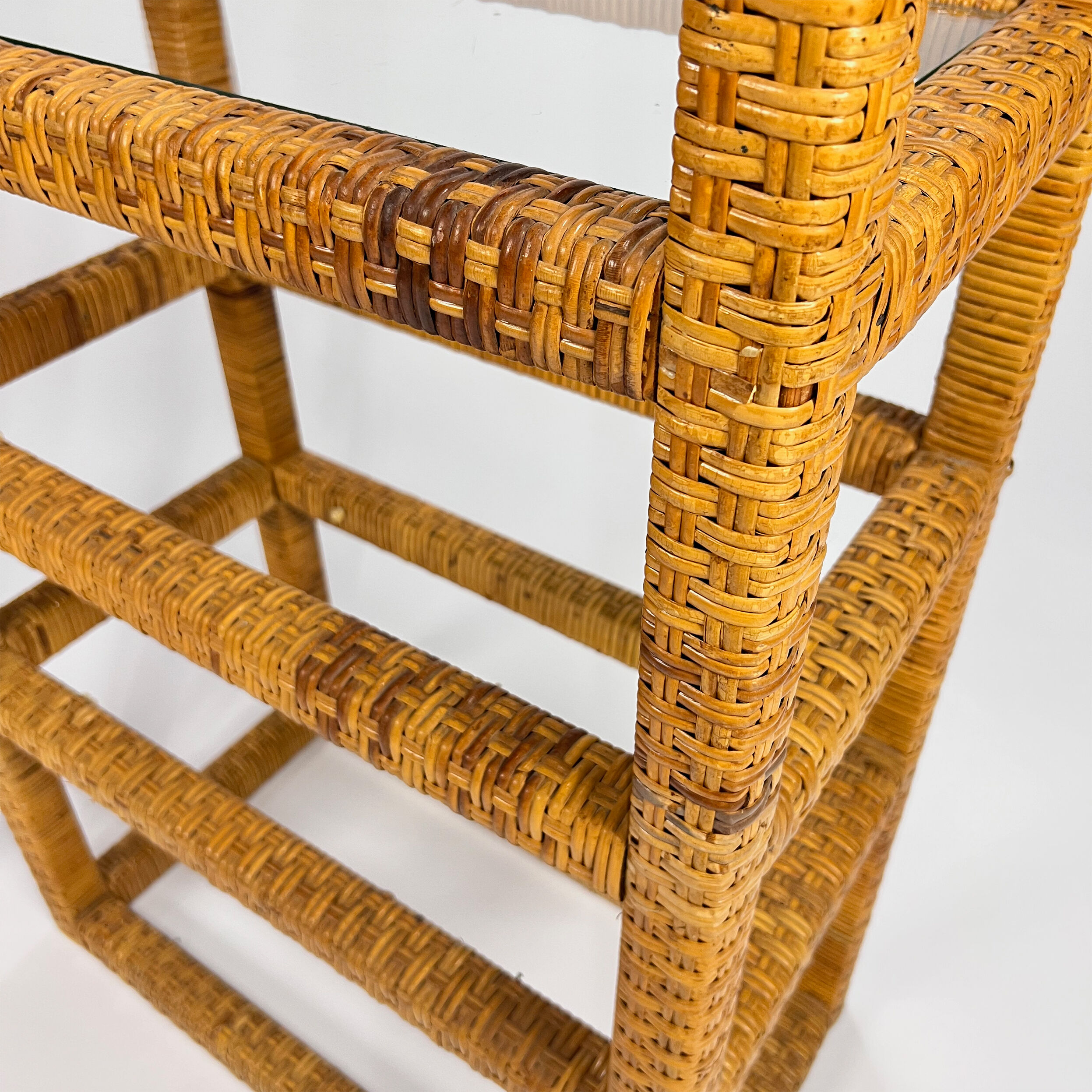 Set of 2 mid century tall wicker and glass etagere cabinet, 1970s