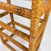 Set of 2 mid century tall wicker and glass etagere cabinet, 1970s
