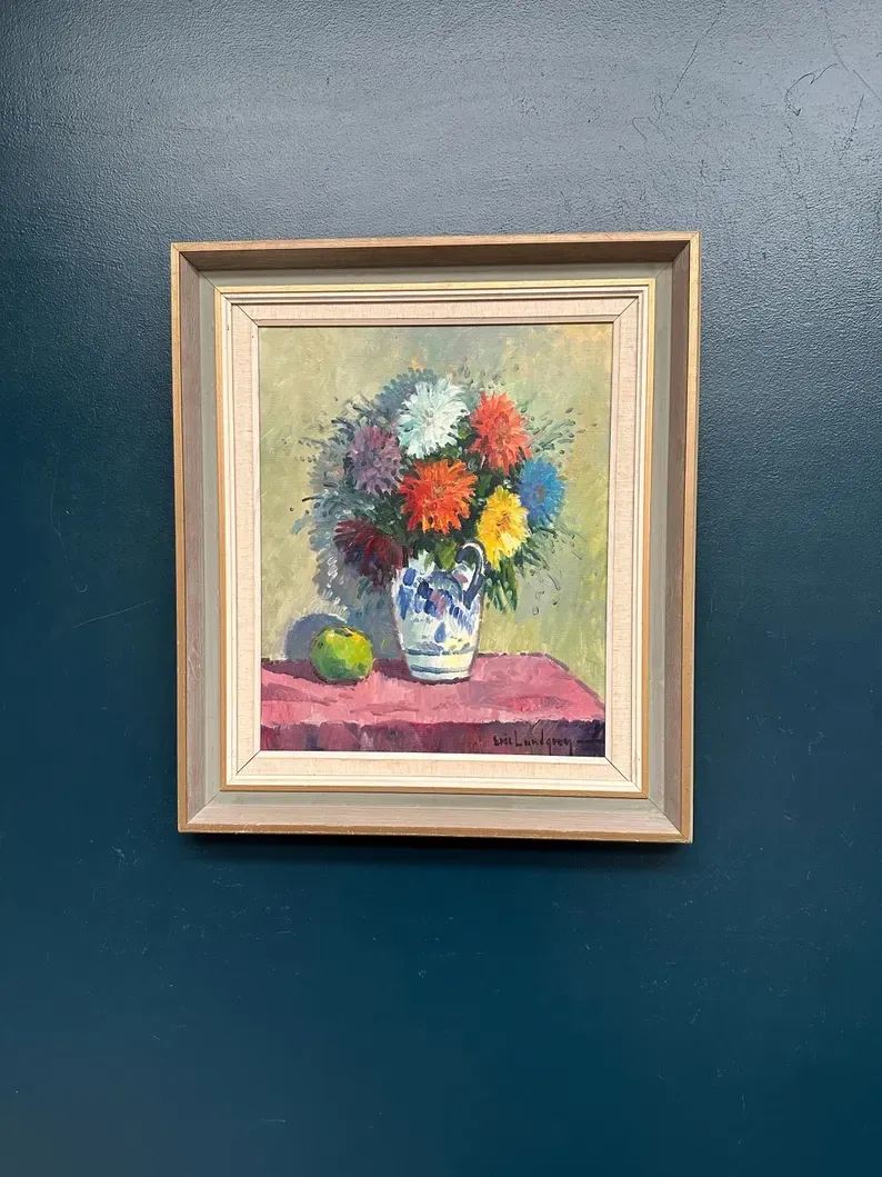 Original Swedish Oil on Canvas – “Asters in a Ceramic Vase” by Eric Lundgren – Signed – Vintage and Framed – 60 × 54 cm (23.6" × 21.3")