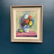 Original Swedish Oil on Canvas – “Asters in a Ceramic Vase” by Eric Lundgren – Signed – Vintage and Framed – 60 × 54 cm (23.6" × 21.3")