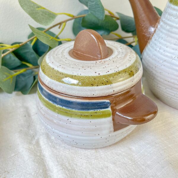 Service à café vintage en grès moucheté gris rayures vertes bleues des années 1950