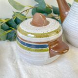 Vintage 1950s speckled stoneware coffee set with grey, green, and blue stripes