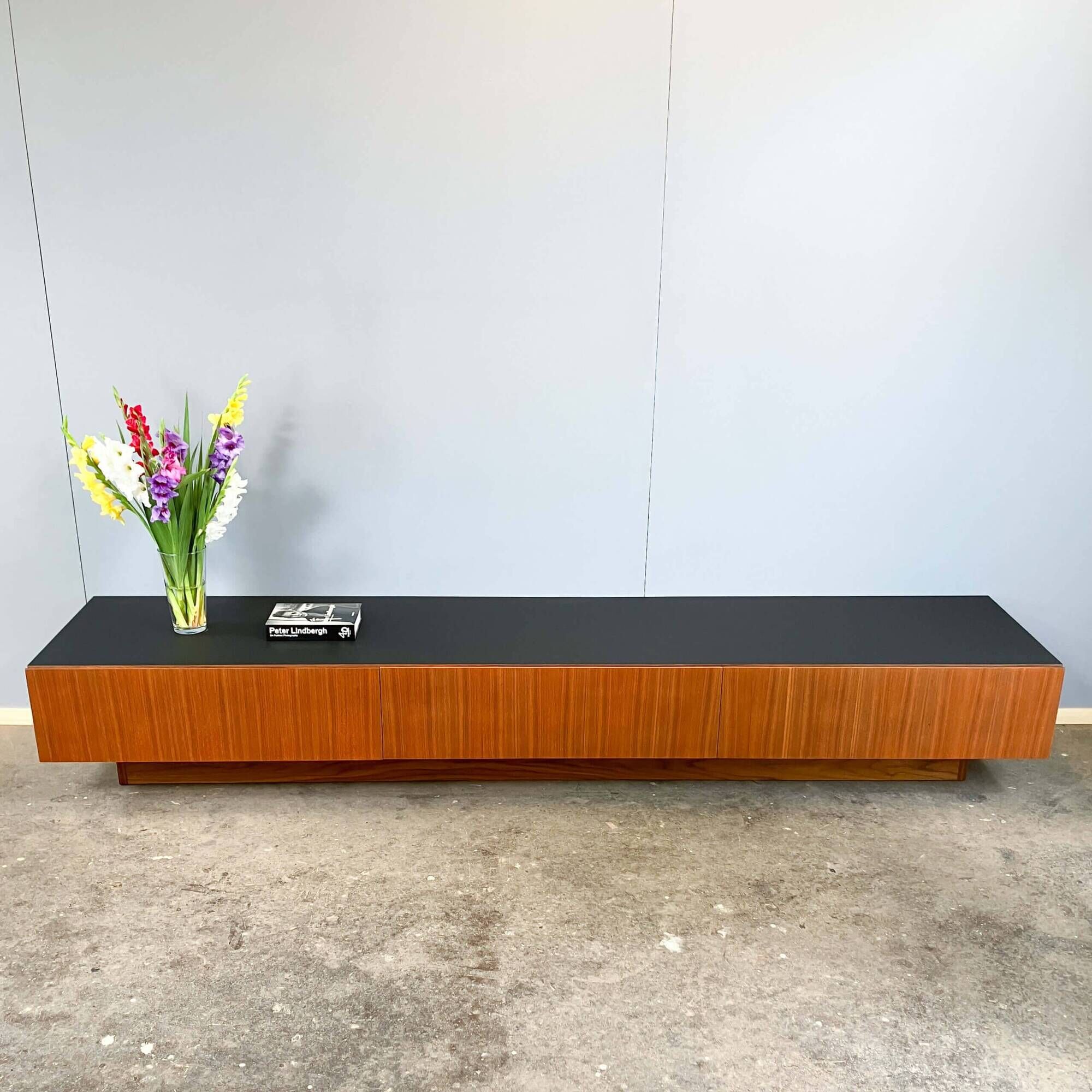 Minimalist XXL lowboard, teak and black top, 1960s