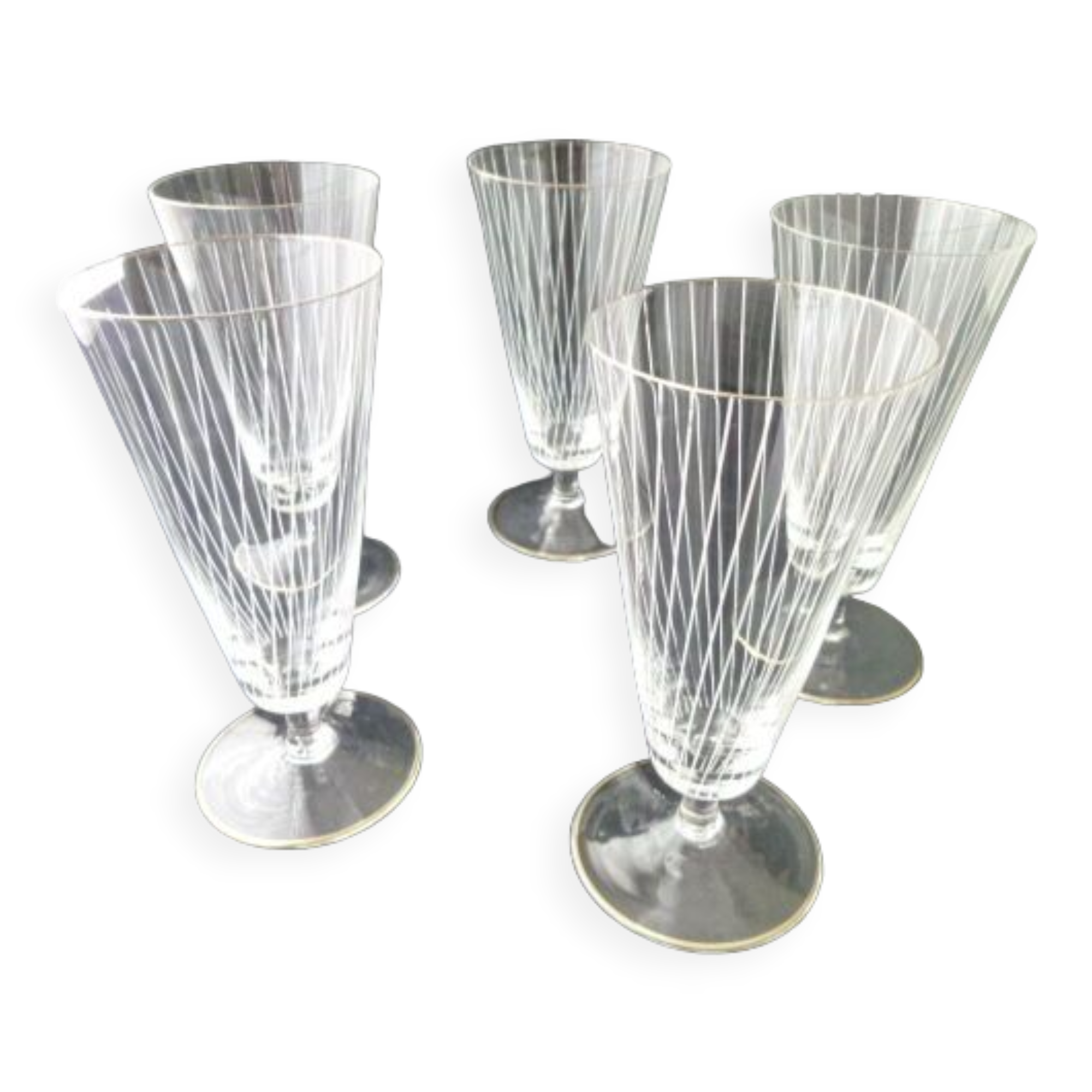 Set of 5 glass flutes engraved lined decoration art deco style