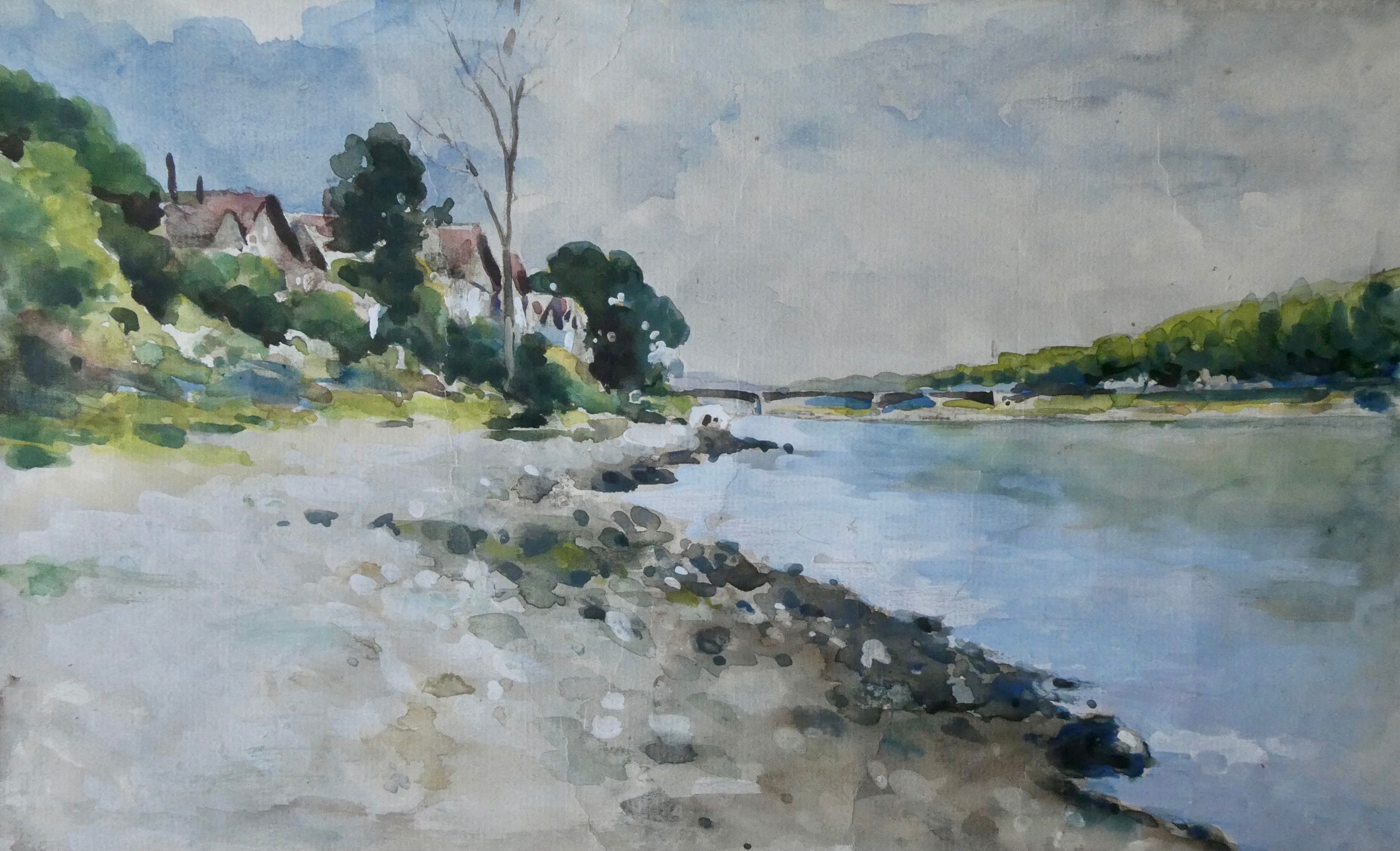 Watercolor painting of Ile Saint Denis, banks of the Seine, signed