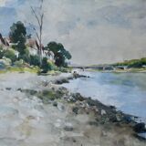 Watercolor painting of Ile Saint Denis, banks of the Seine, signed
