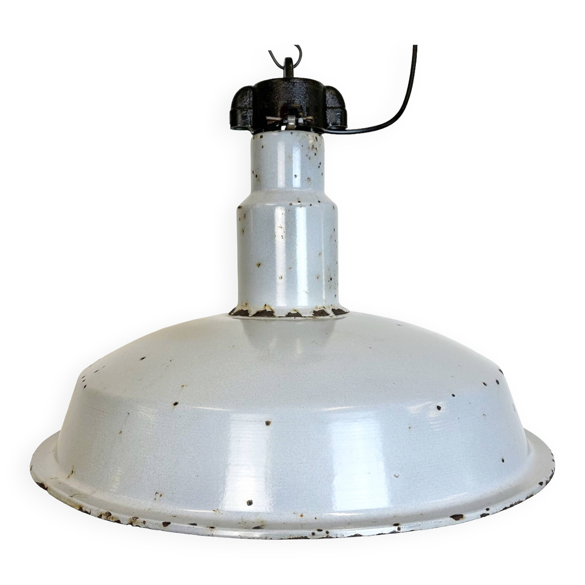 Large industrial midcentury grey enamel factory lamp, 1950s