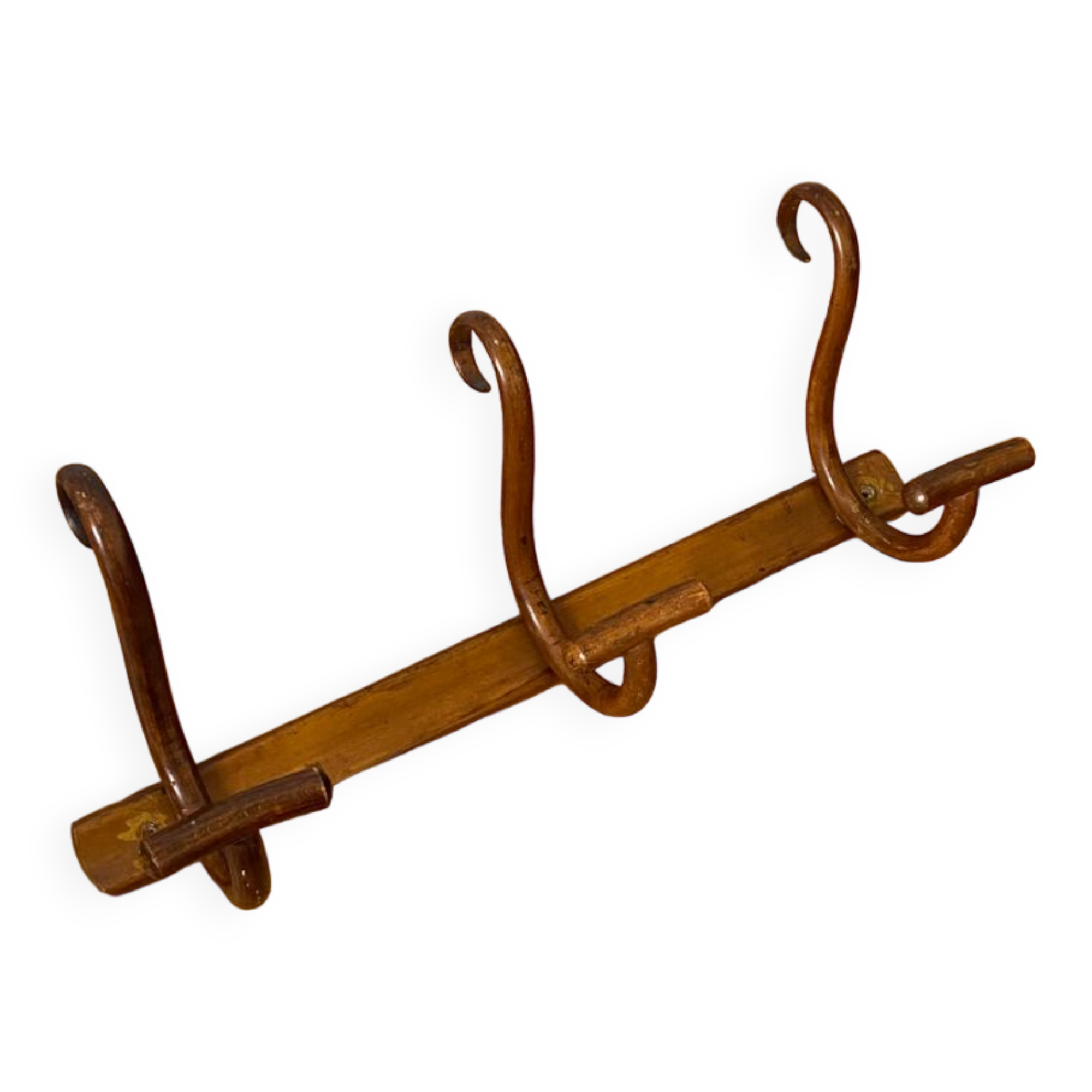 Thonet curved wood wall coat rack with 3 hooks, late 19th century