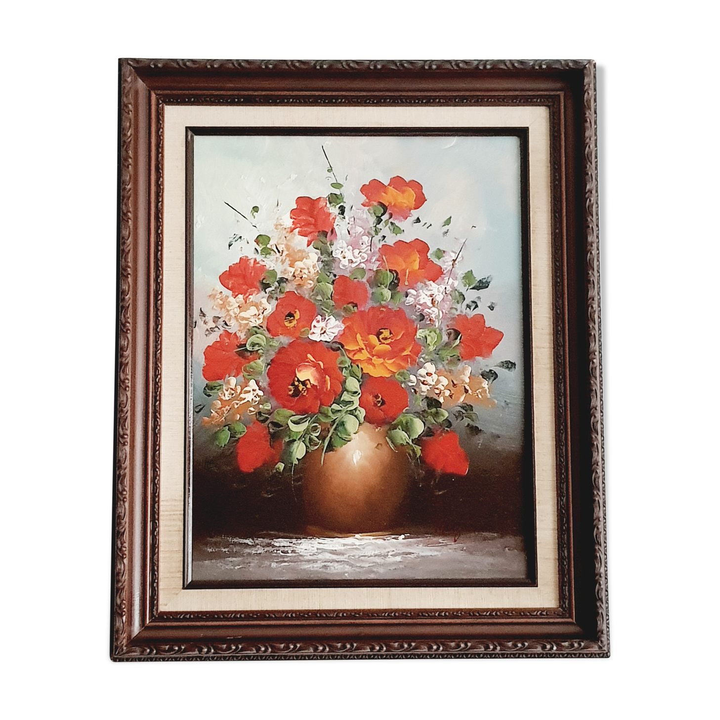 Oil on canvas bouquet of red flowers signed