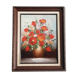 Oil on canvas bouquet of red flowers signed