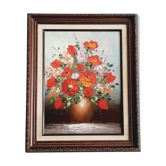 Huile sur toile bouquet de fleurs rouge signé