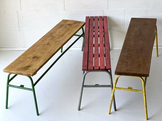 Red industrial pine bench, 1970s