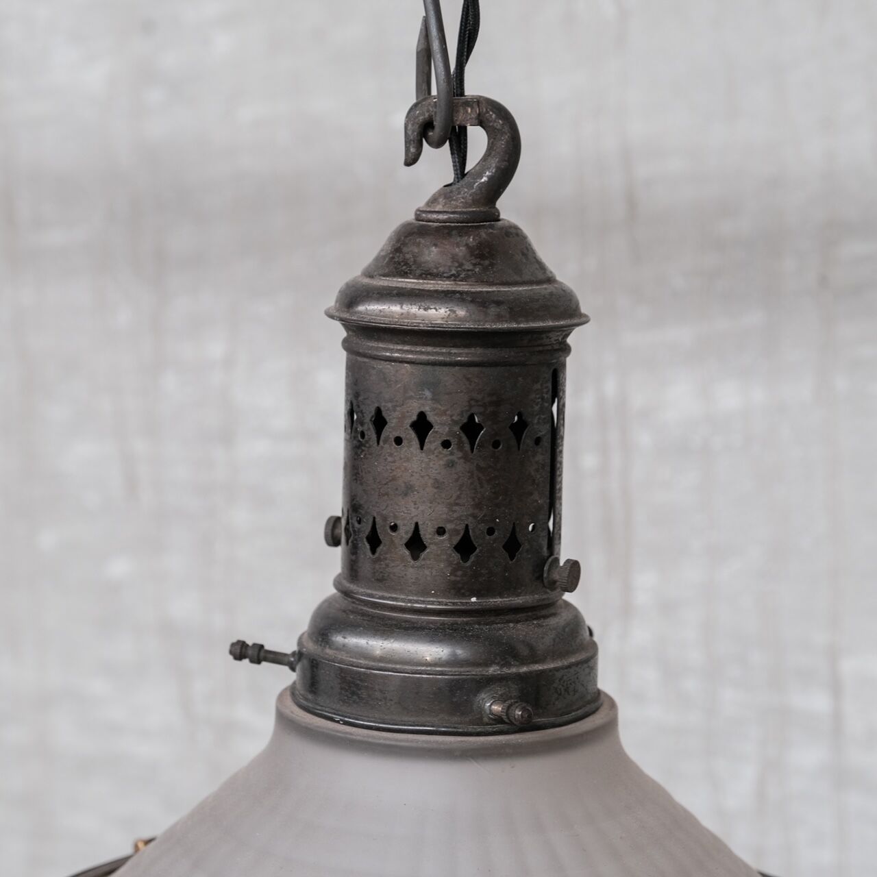 French conical glass and brass antique pendant light
