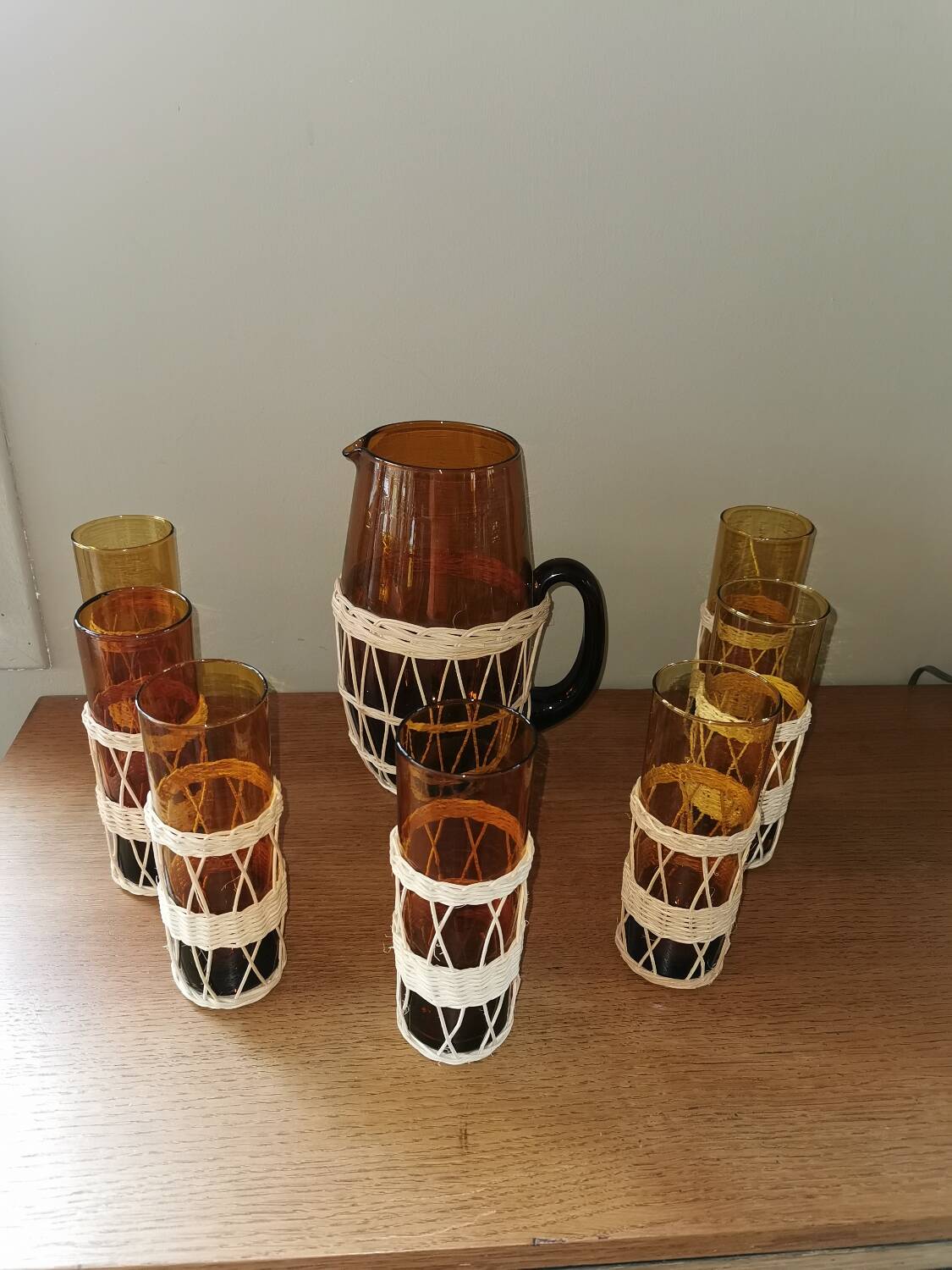 Vintage glass and wicker orangeade set