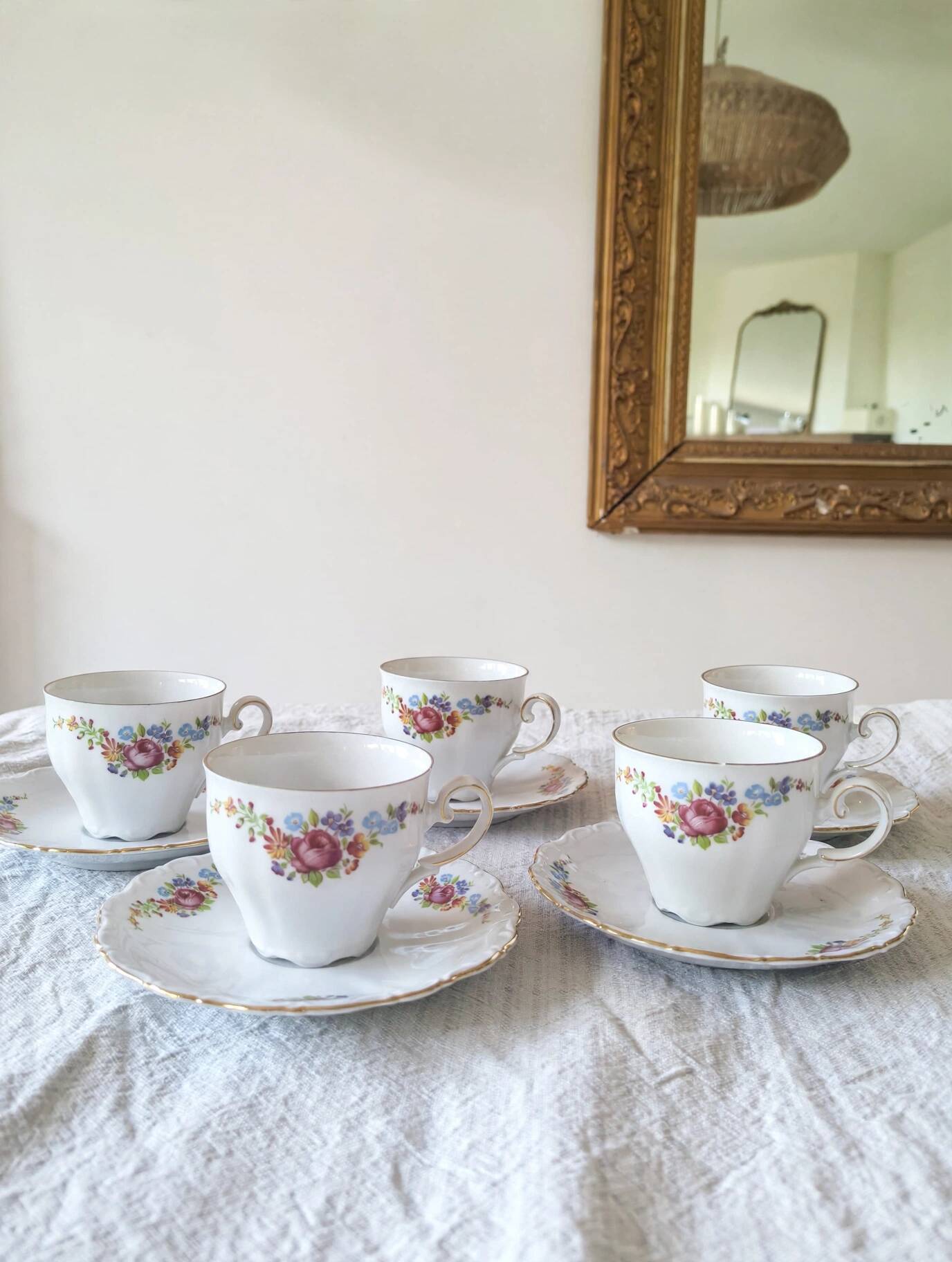 5 floral porcelain cups Bavaria, vintage
