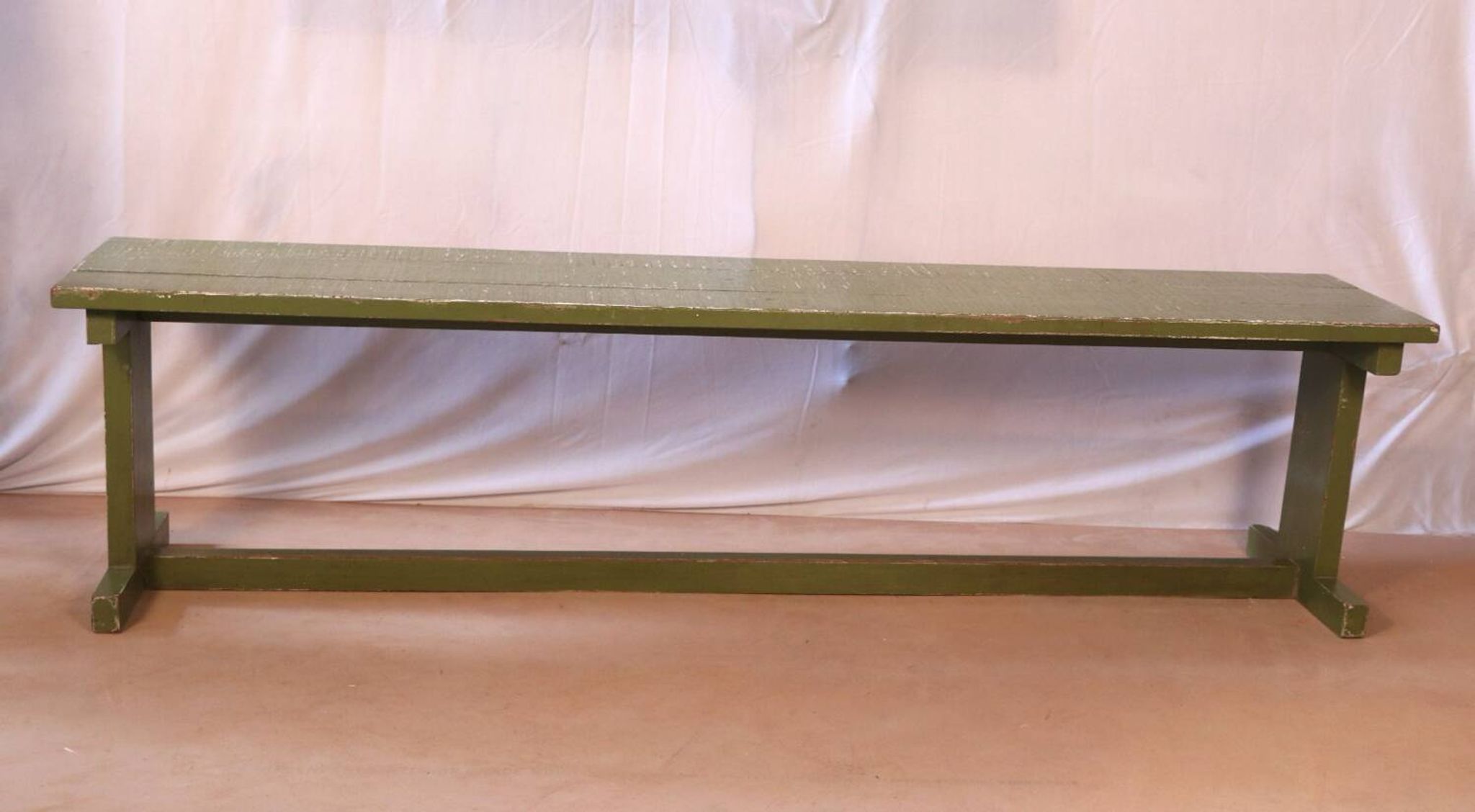 Old teak bench with original green patina.