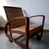 Pair of Art Deco woven rattan armchairs and table