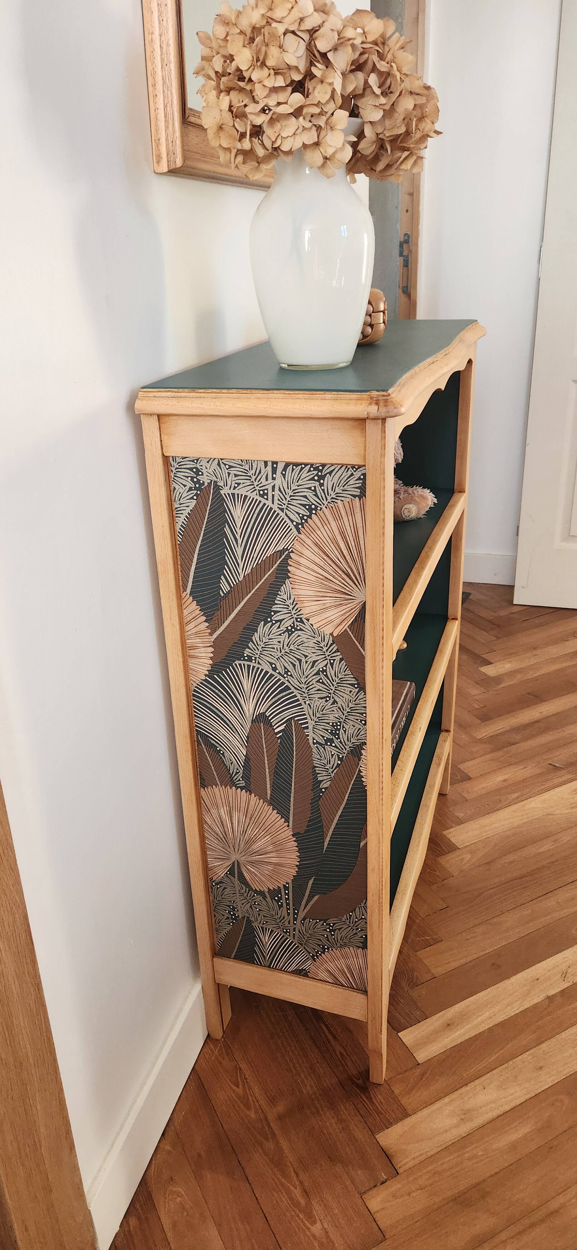 Renovated green cedar wood bookshelf