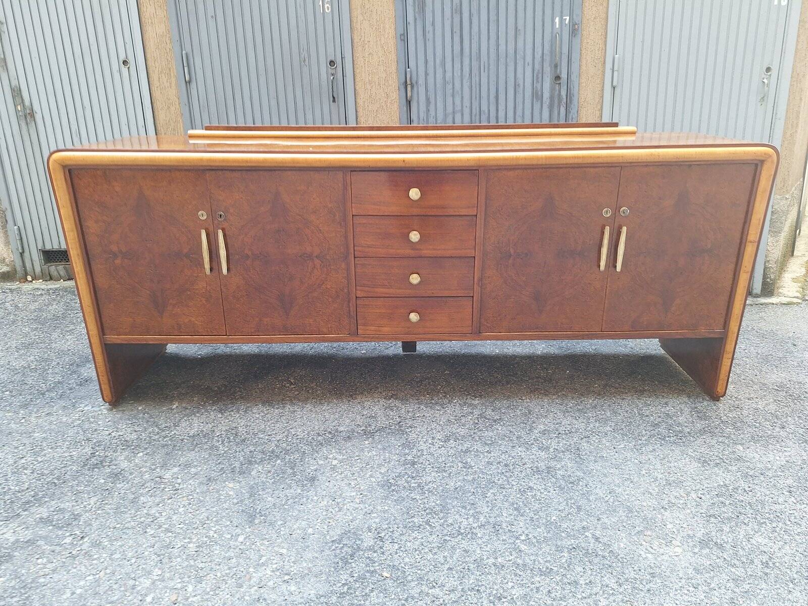 Vintage Sideboard in in Walnut Root and Maple Wood with Brass Details, 1940s