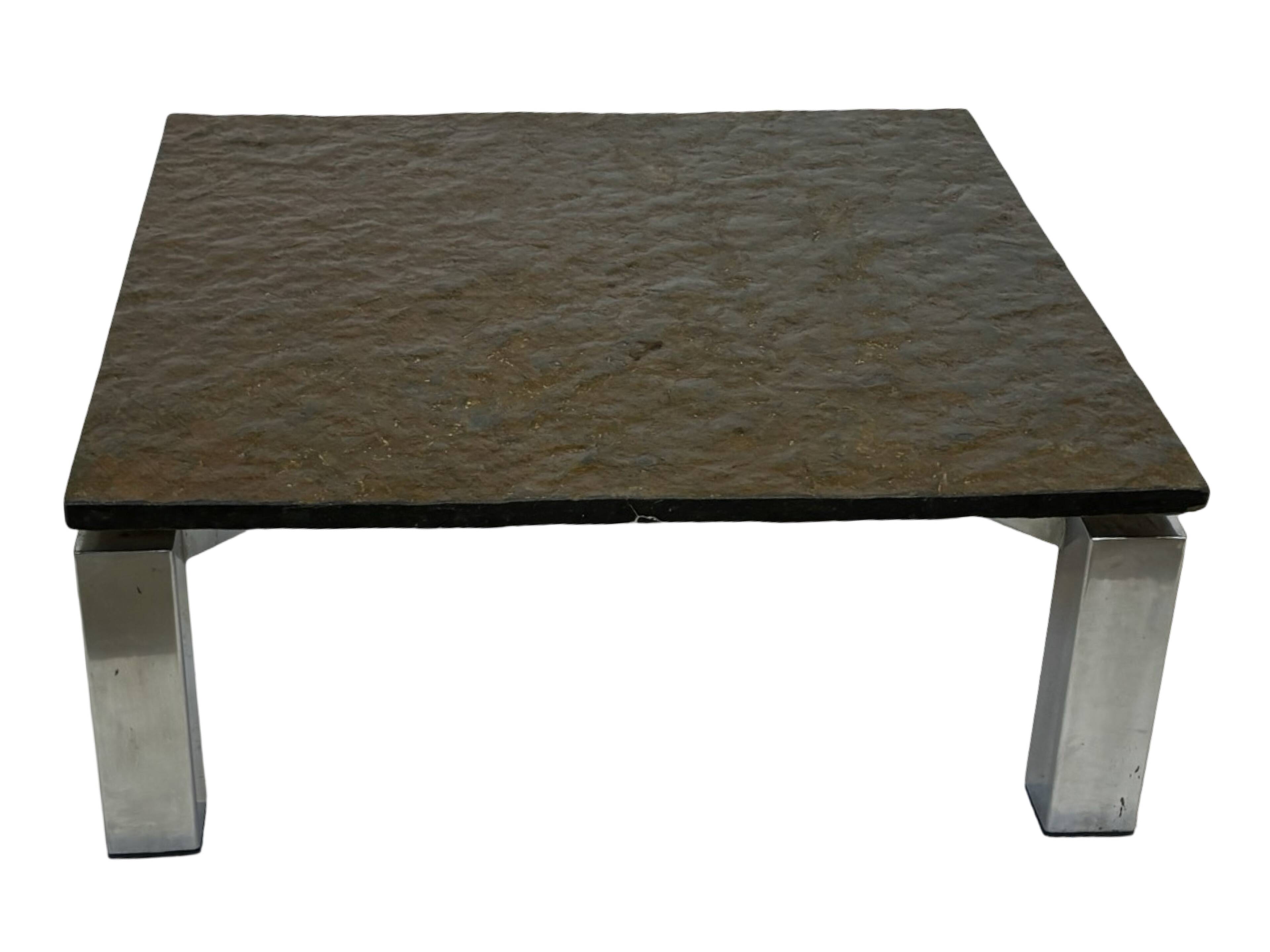 Table basse carrée plateau en pierre et piètement en acier chromé - années 60