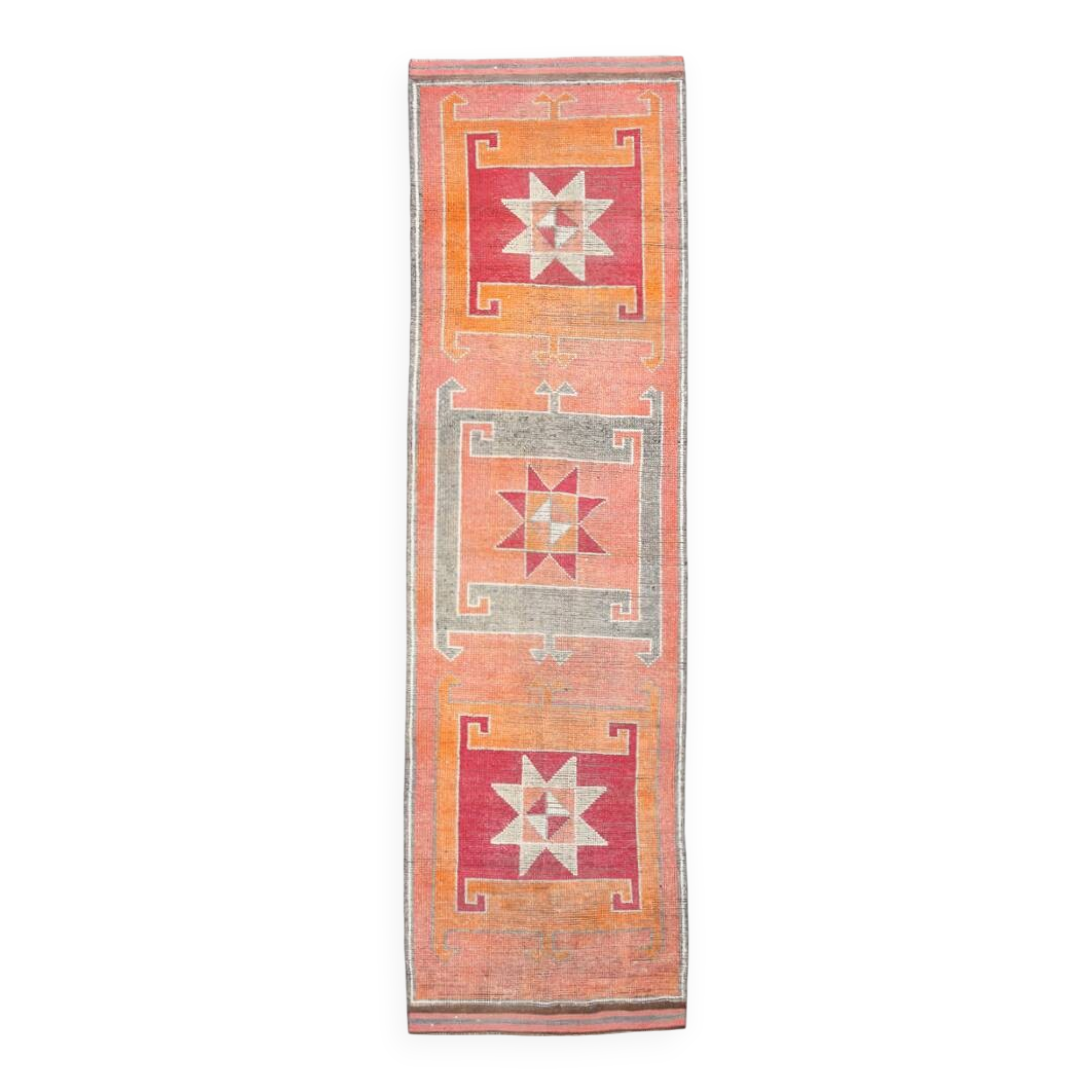 3x11 Crimson & Grey Boho Hallway Rug, Handmade Turkish Wool Rug, 93x342Cm