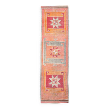 Tapis de couloir bohème cramoisi et gris 3x11, fait main en laine turque, 93x342 cm