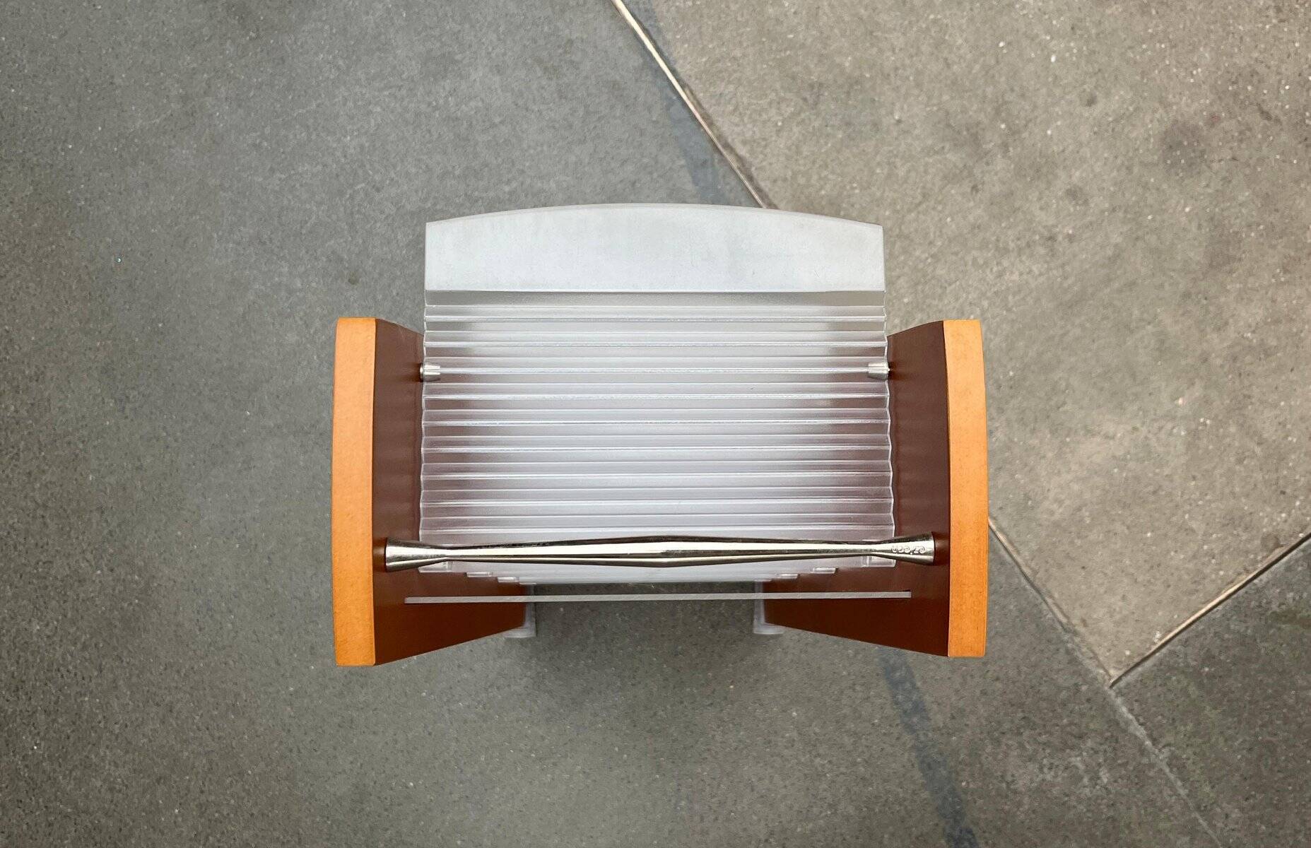 Postmodern CD storage unit in wood, metal, and plastic by Ezech, 1980s.