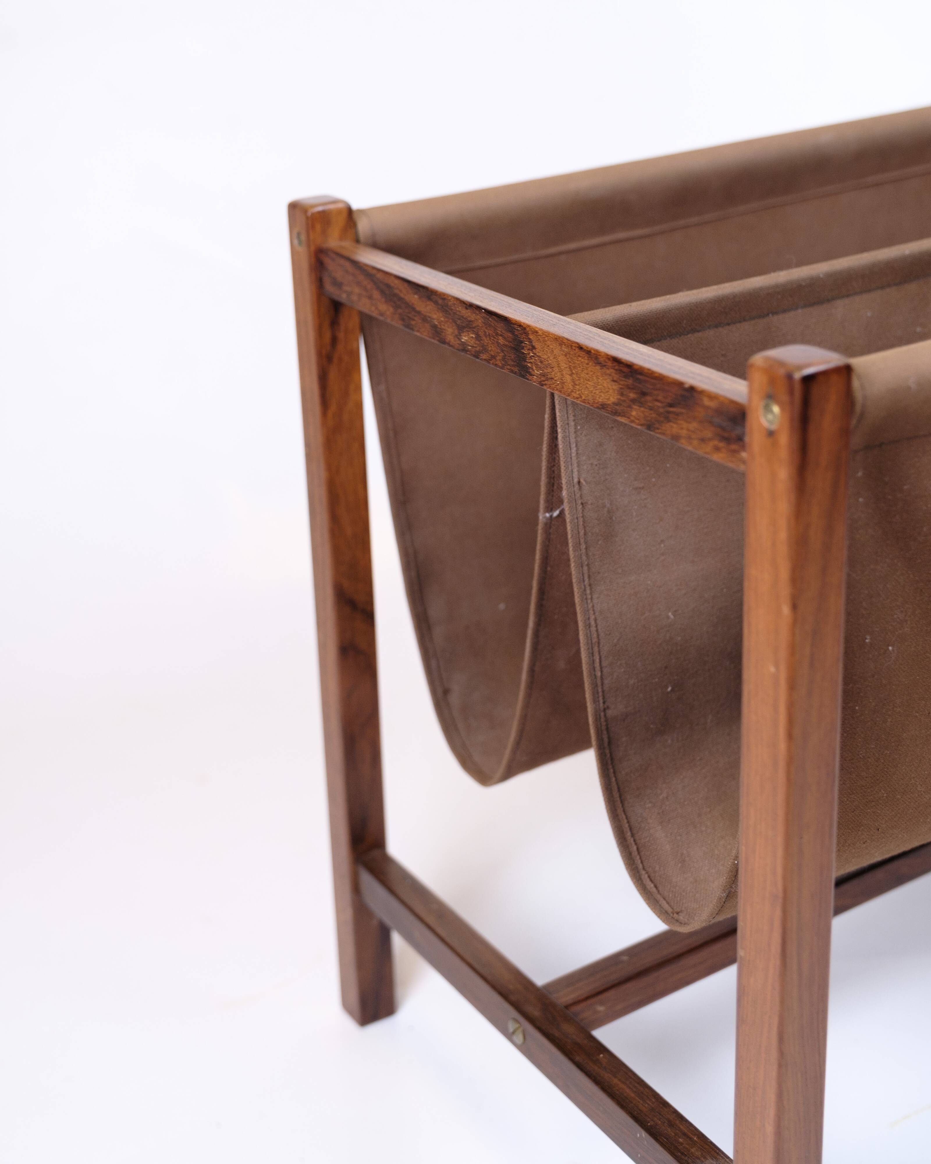 Newspaper/magazine holder - rosewood and brown canvas - Danish design - 1960s