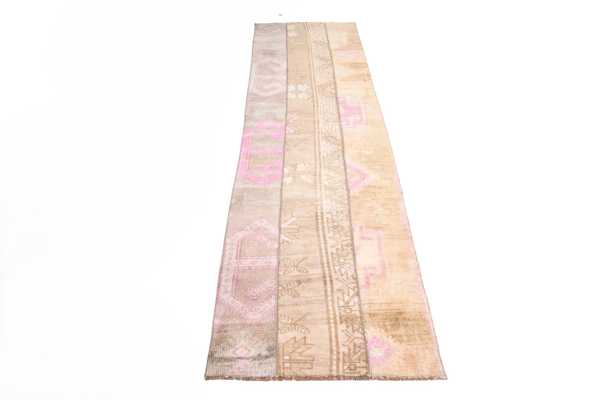 2x9 Turkish Pink & Brown Hallway Vintage Runner Rug, 77x270Cm