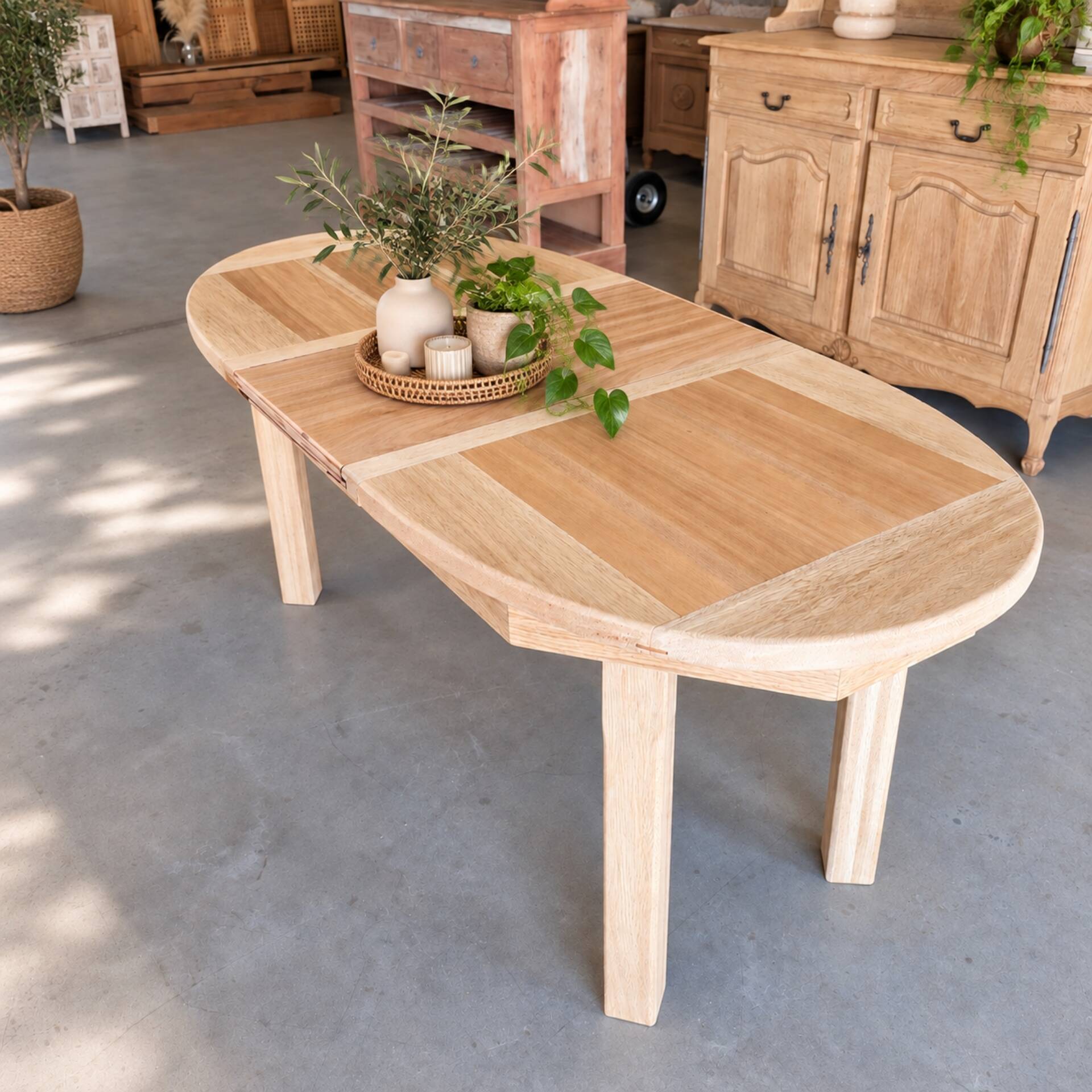 Oval wooden table – 2 extensions – sandblasted & varnished