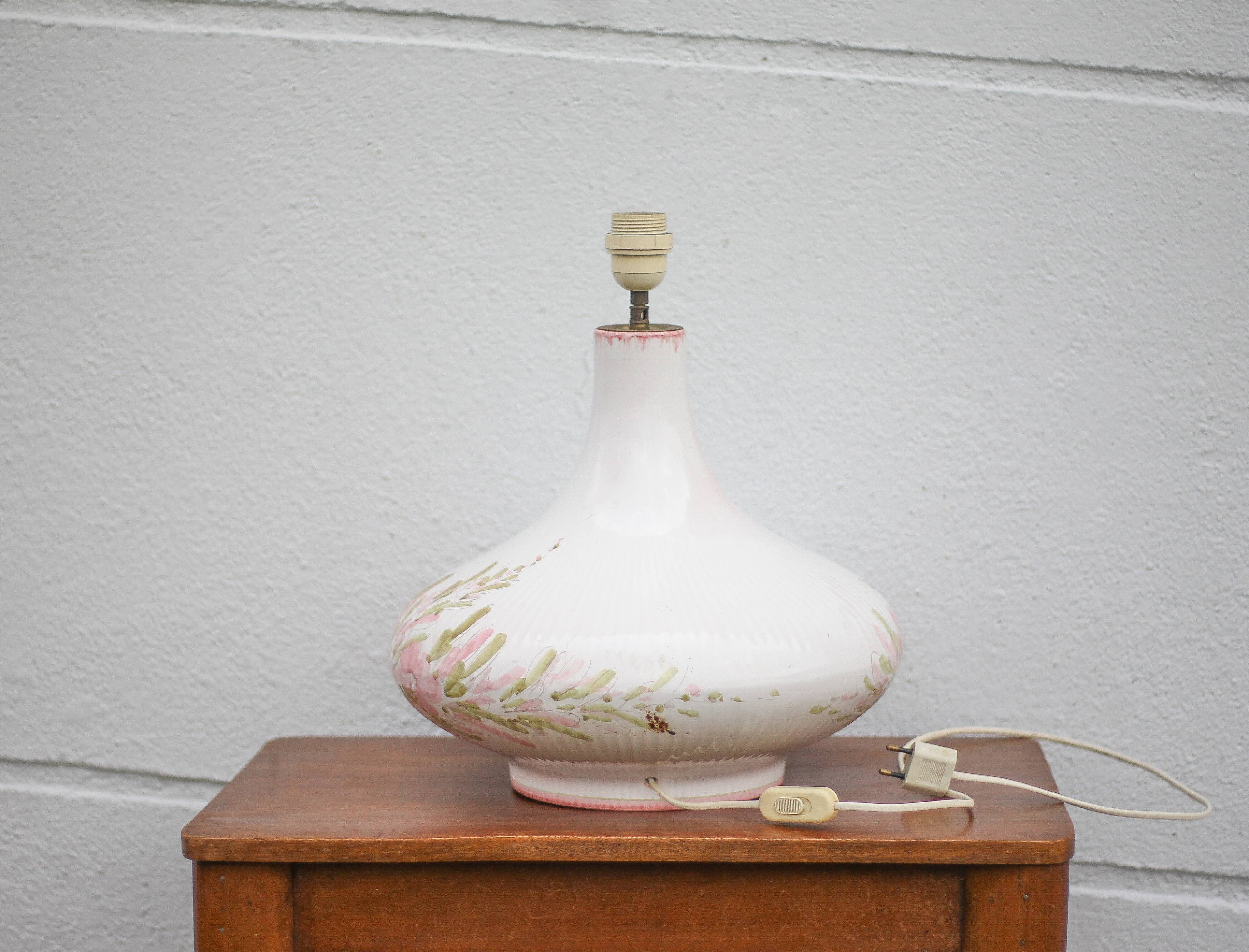 Large glazed terracotta lamp with flower decoration, ceramic signed Maithé