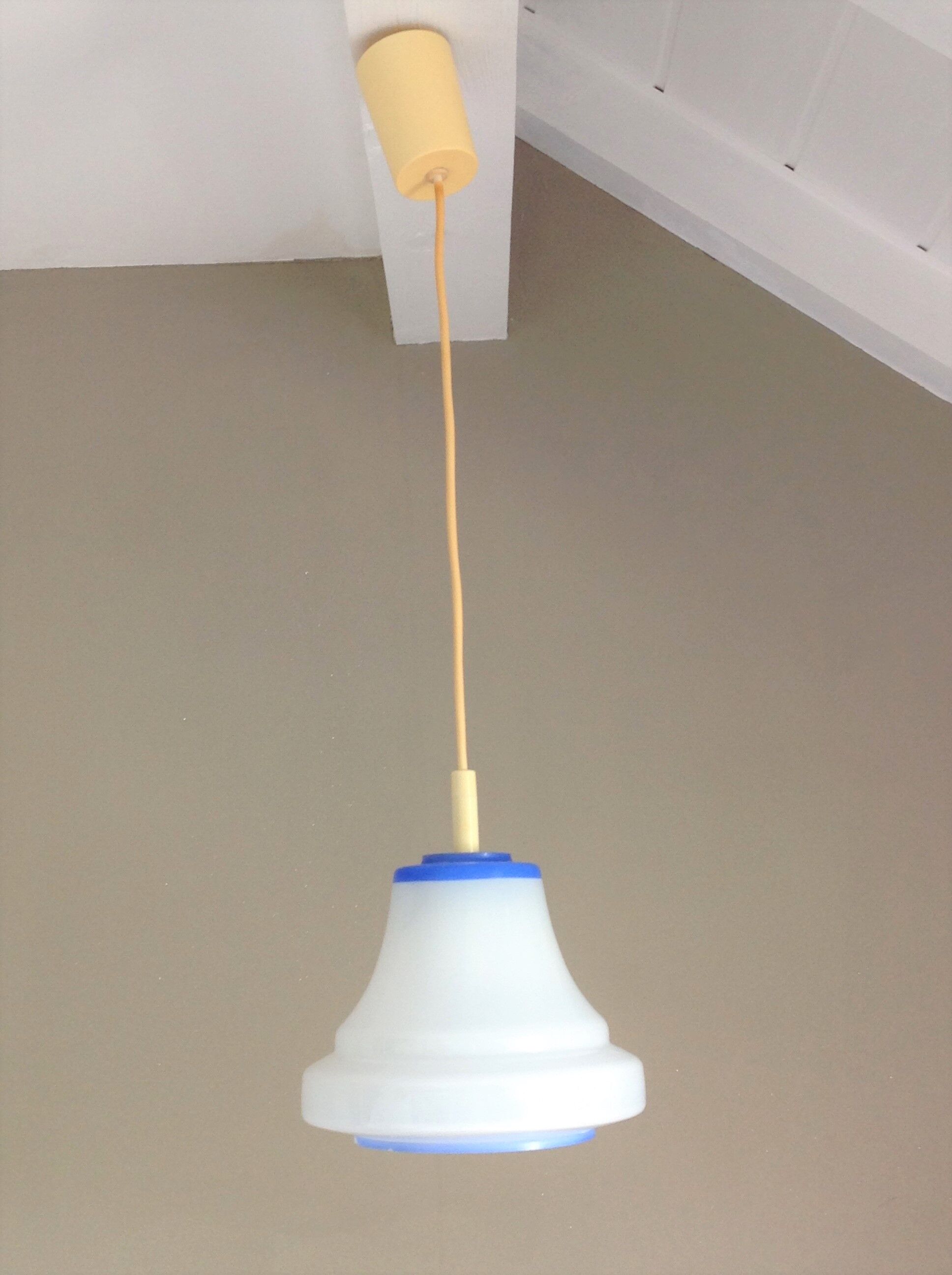Bell hanging lamp in white and blue opaline 60s