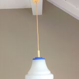 Bell hanging lamp in white and blue opaline 60s