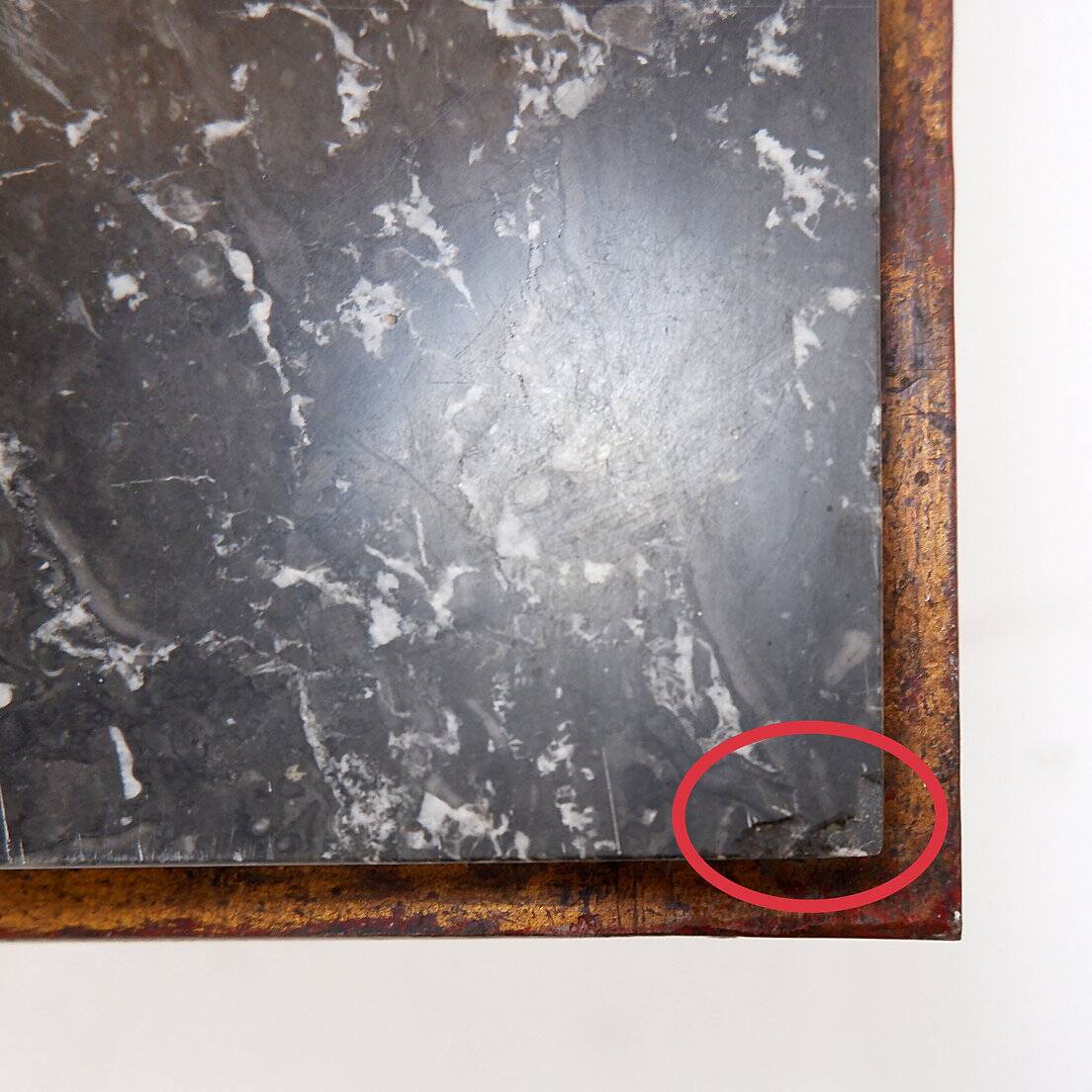 René Prou style gold metal side table with marble top