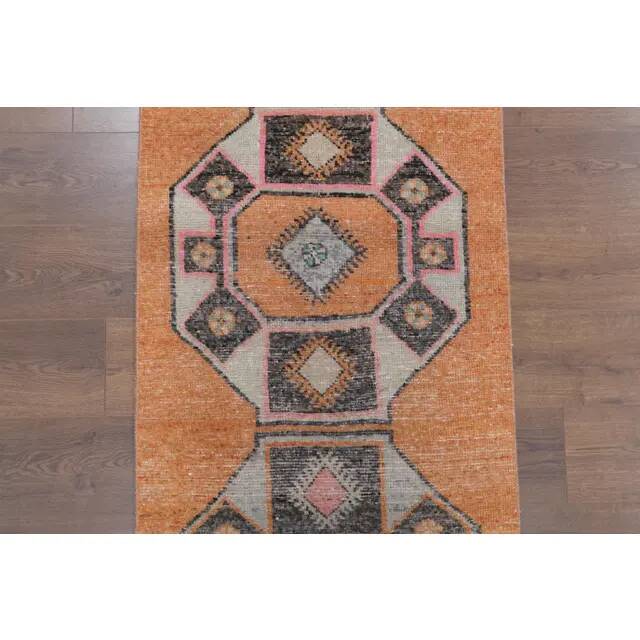 Tapis couloir vintage turc Oushak fait à la main en laine et coton orange 75x330