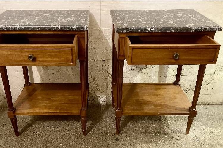 Louis XVI style bedside tables in solid walnut and grey marble