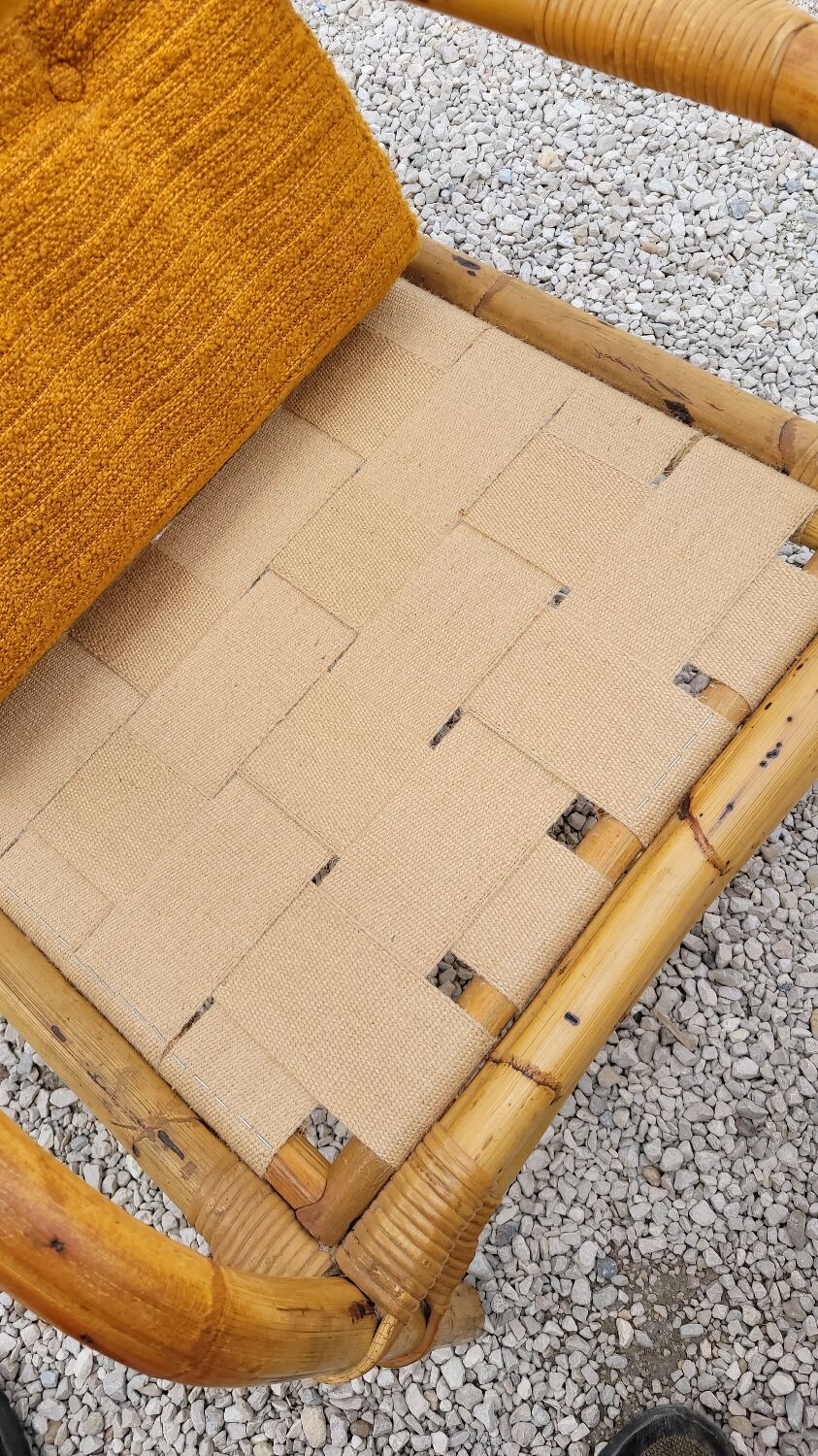 Salon canapé, 2 fauteuils et table basse en rotin vintage fabrication 1950