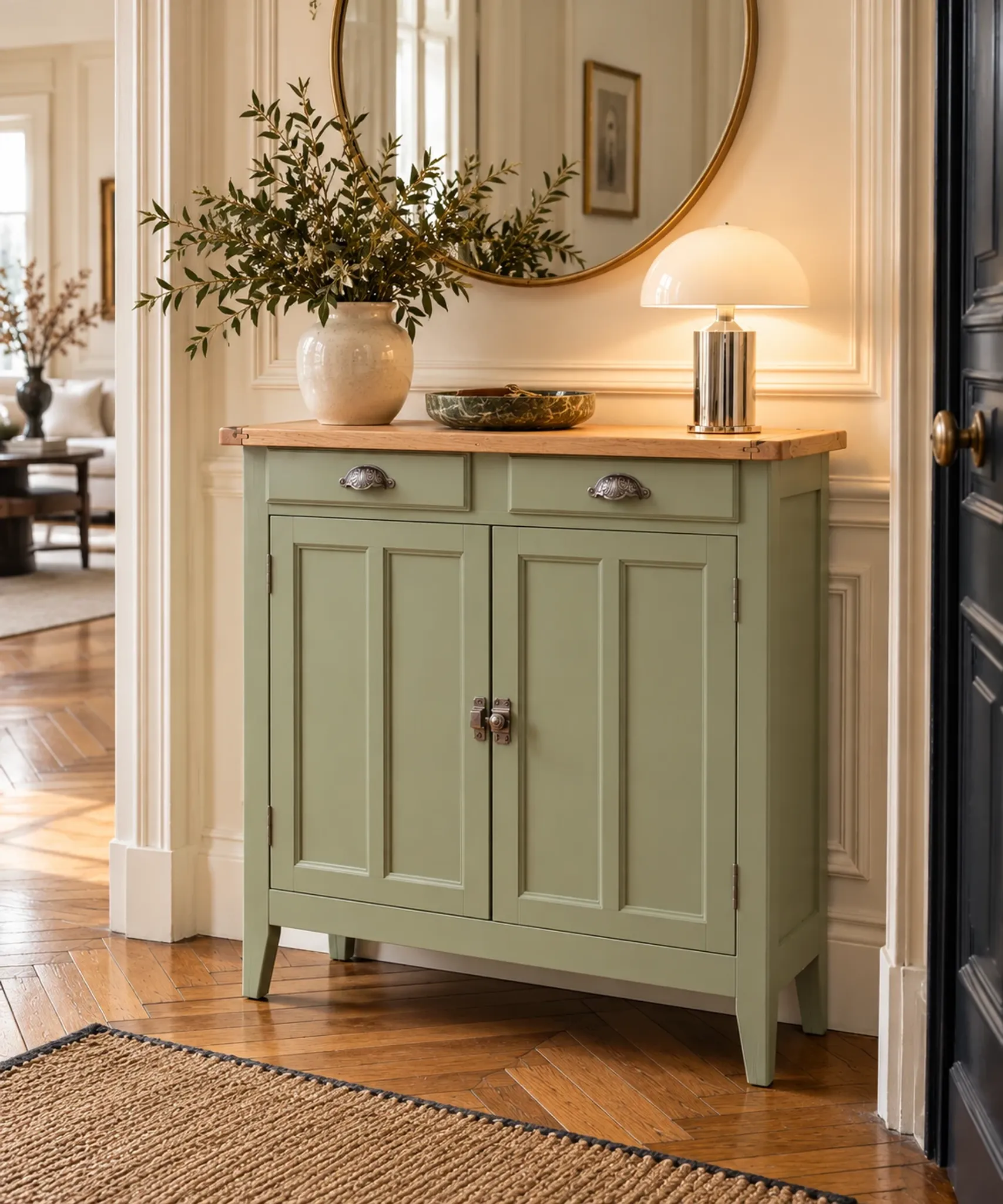 Renovated khaki Art Deco Parisian buffet in beech.