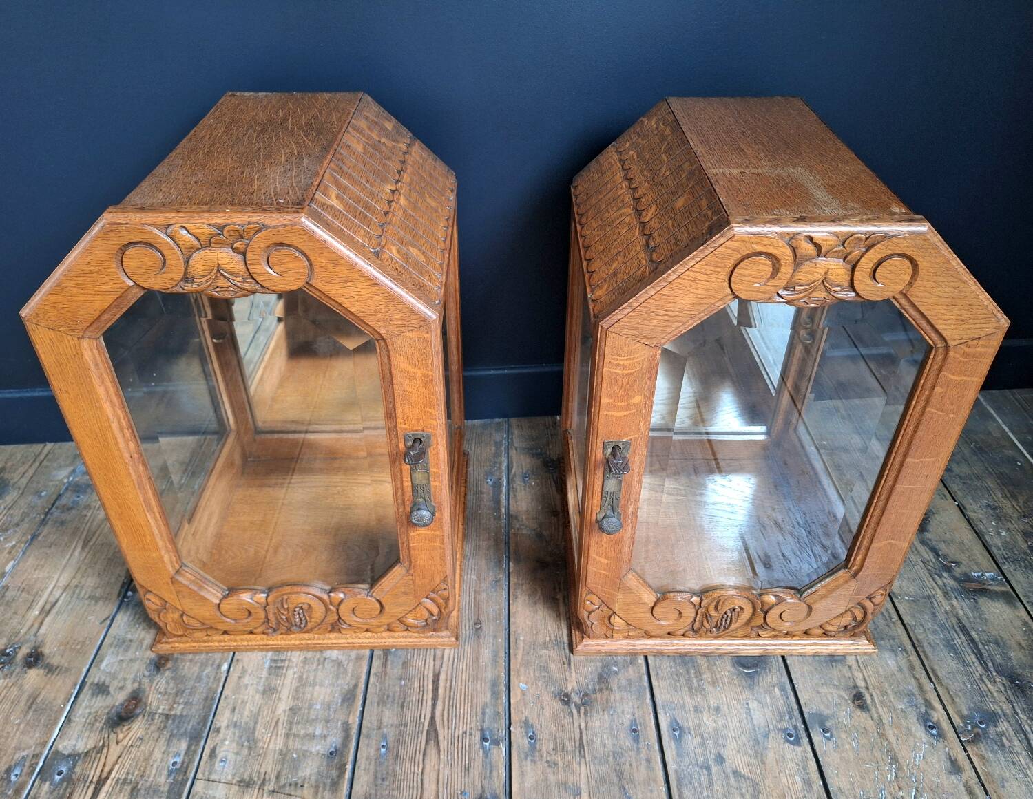 Pair of antique art deco display cabinets, vintage retro decoration