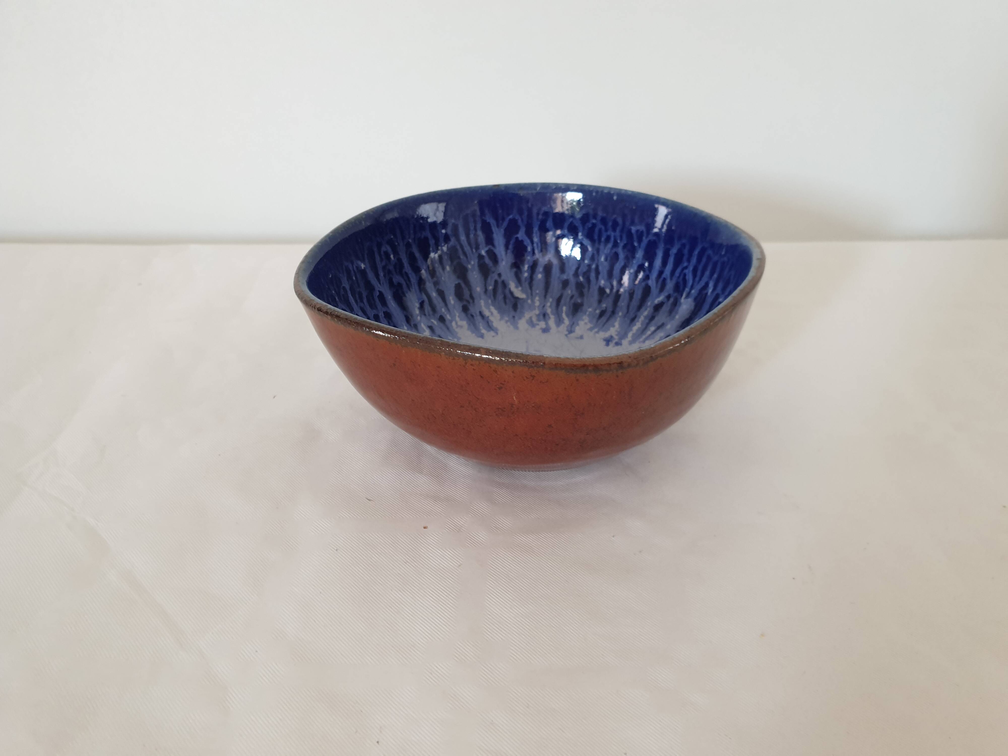 Glazed ceramic bowl / cup Blue interior Signed Alésia