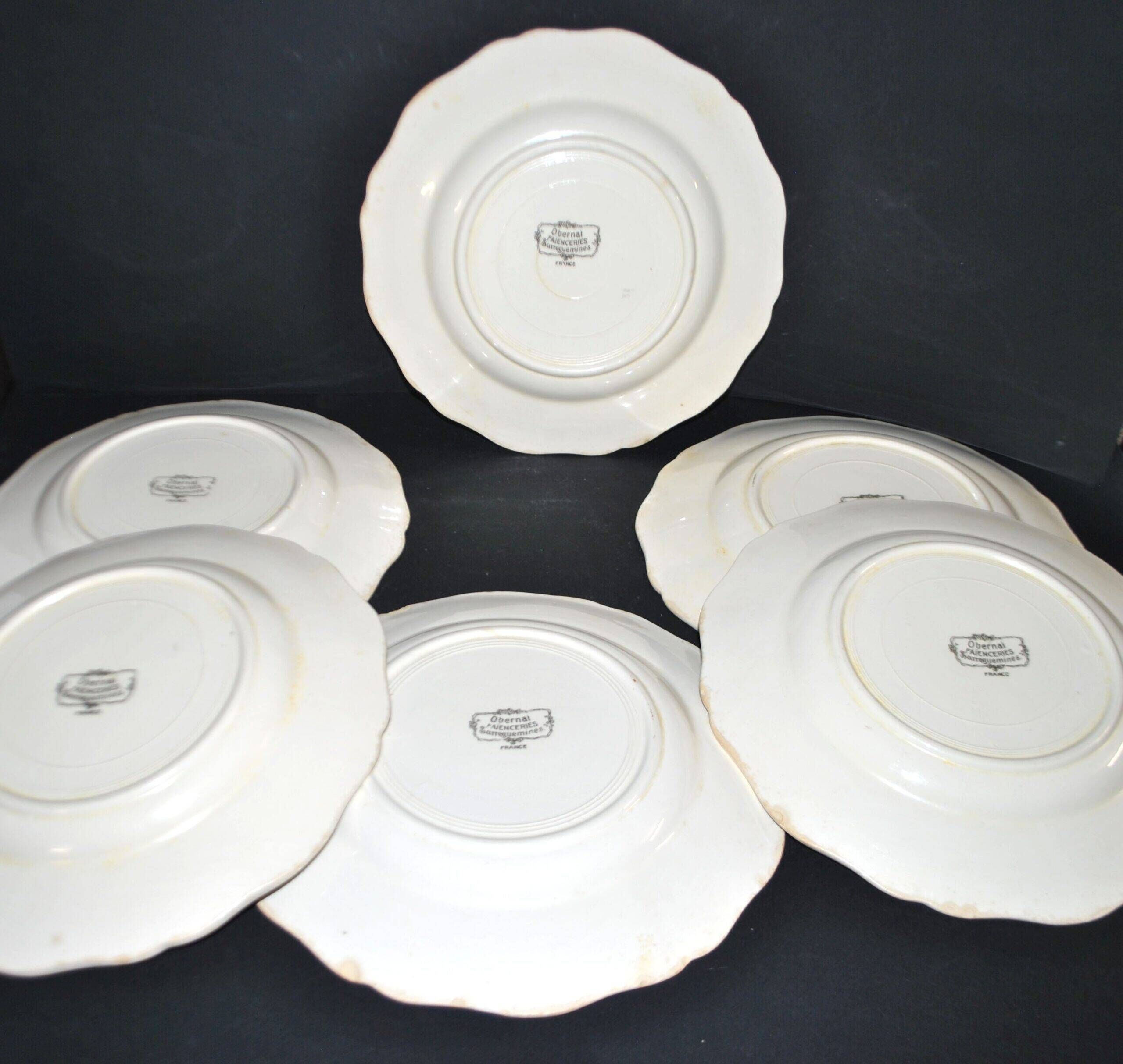 Sarreguemines set of 6 flat plates Obernai village Alsace by Loux