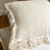 White linen bohemian cushion fringed