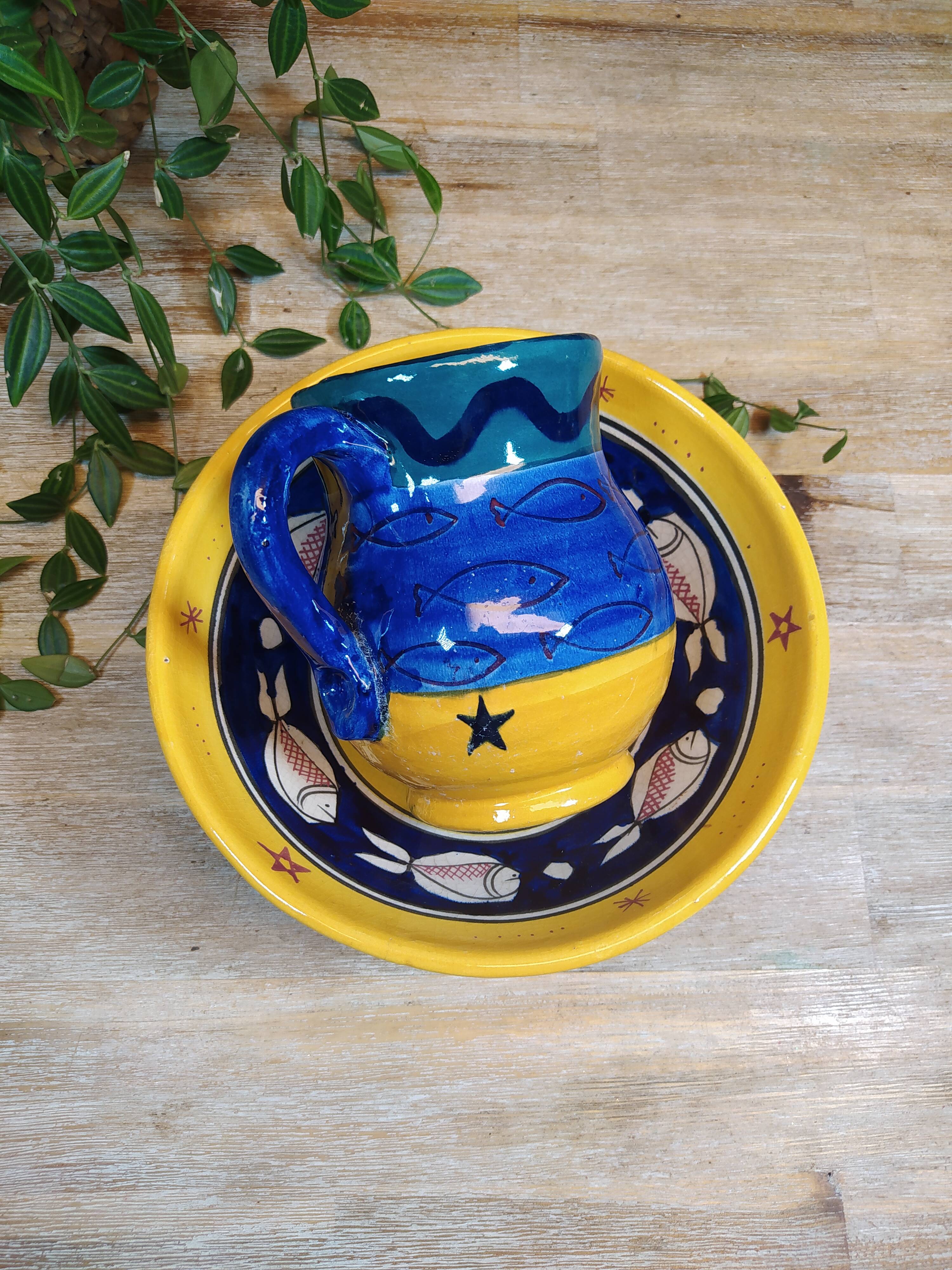 Carafe en Grès Bleu et Jaune à Motifs