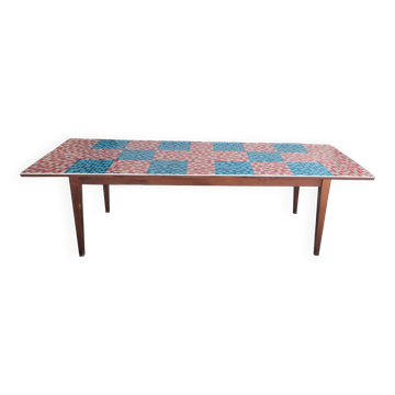 Table de ferme ancienne plateau mosaïque piètements fuselée -2m64