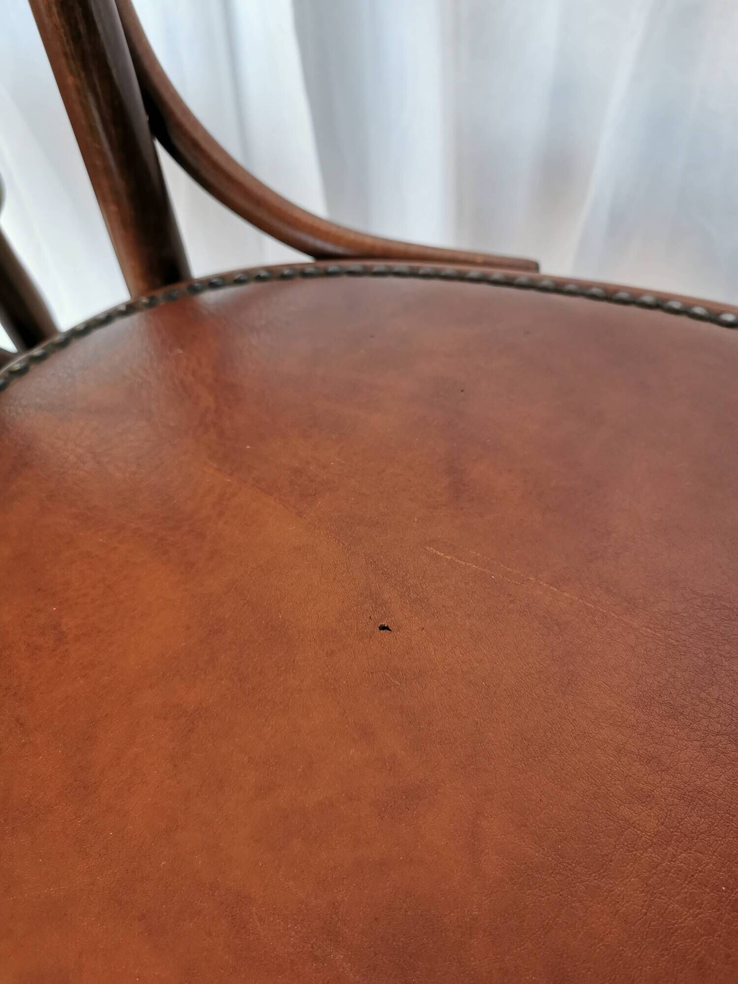 Set of 4 Vintage Bentwood Bar Stools, Brown Leather Seat, Nailhead Trim