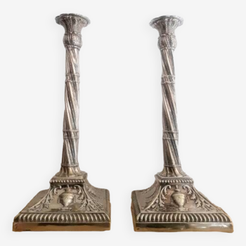 Pair of twisted column candlesticks in silver metal
